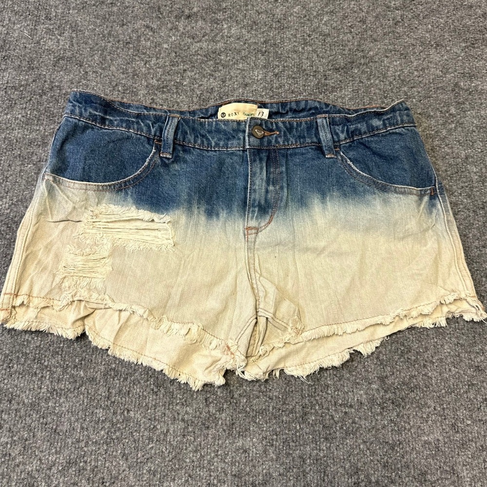 Roxy Shorts Womens Size 13 Blue Ombre Distressed Cotton Dip Dye Raw Hem Beach